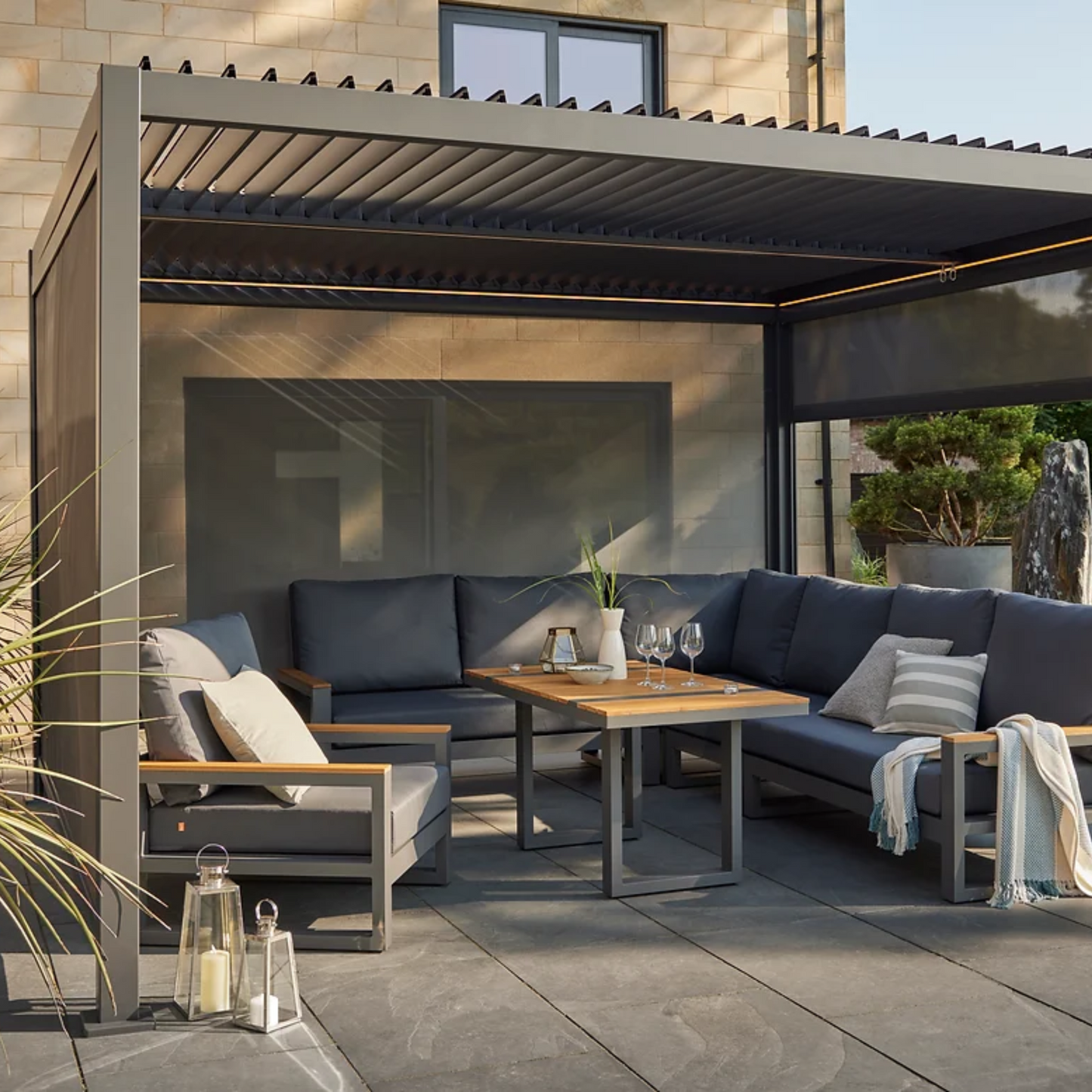 Royce Cube Aluminium 3.6 x 6 M Luxury Pergola with Solar LED Light Pack | Anthracite